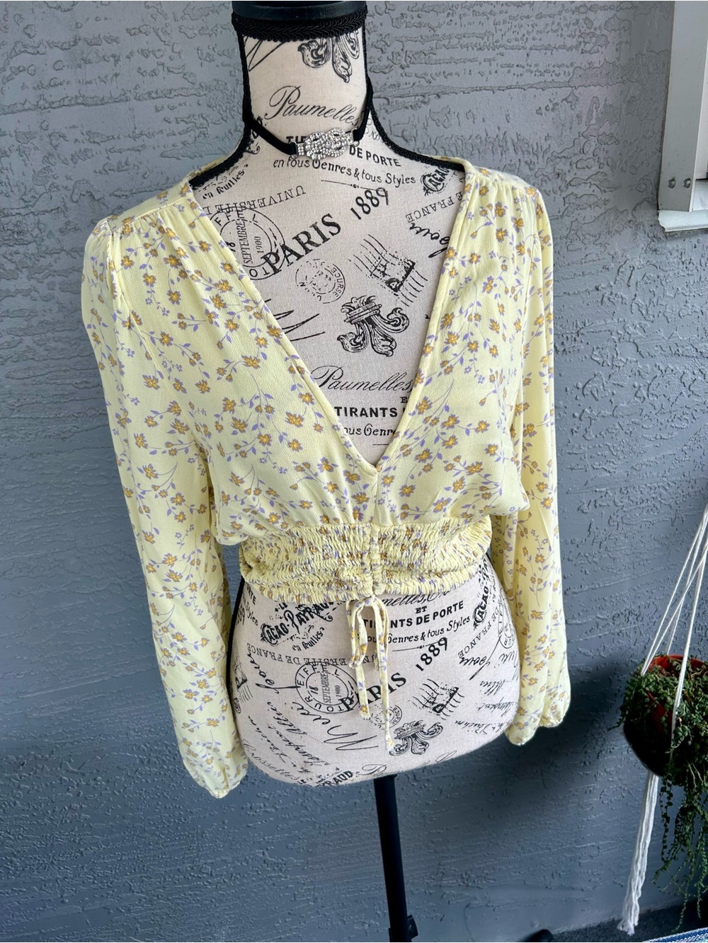 Yellow Fairy CottageCore Whimsy Floral V-Neck Smocked-Waist Blouse